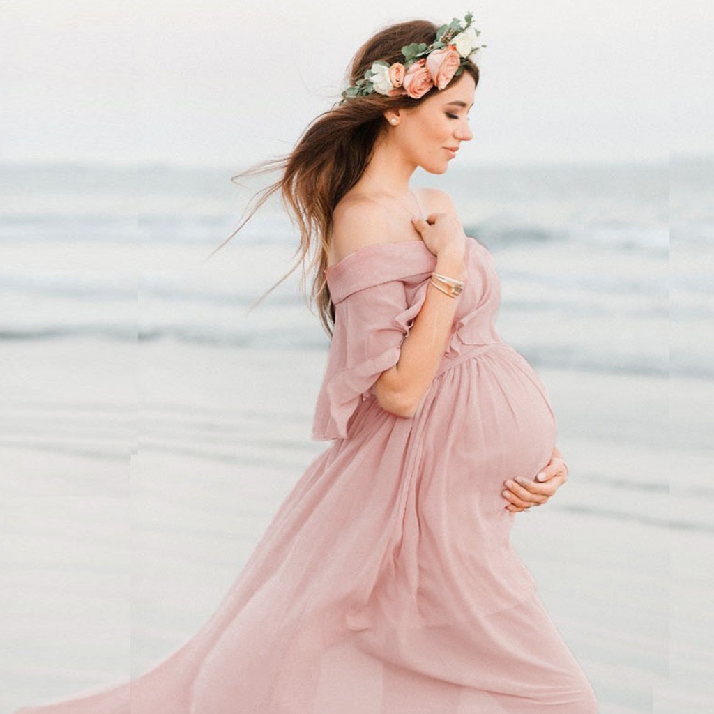 Kvinder graviditeter barsel fotografering rekvisitter skulderløse flæser solid kjole boheme graviditeter barsel kjole fotografering