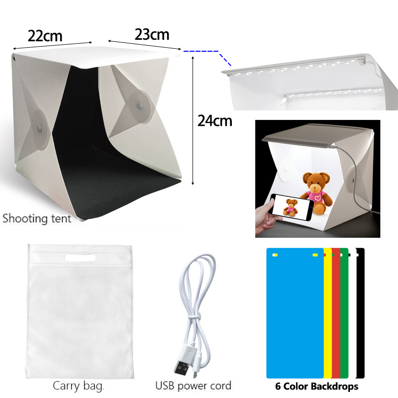 Caja de luz plegable de 20cm, fotografía portátil, tienda de estudio fotográfico LED, Softbox LED, Kit de fondo, Mini caja de luz USB para cámara DSLR