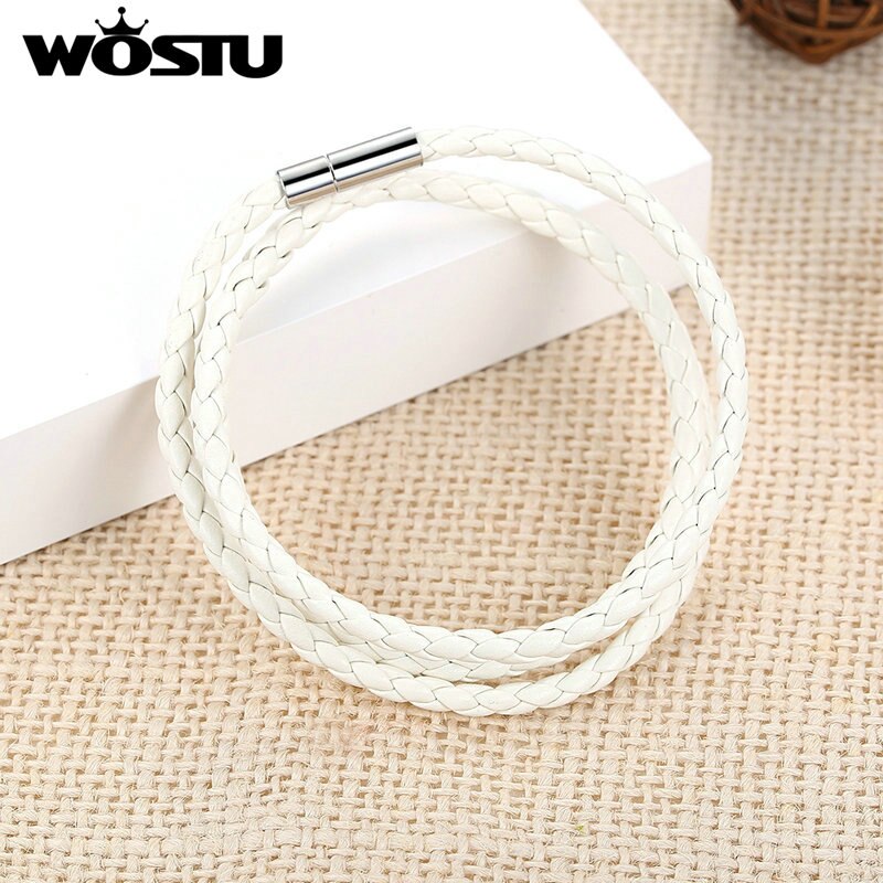 WOSTU 60CM White PU Leather Wrap Bracelet With Magnet Clasp Jewelry For Women Men Unisex Pulseira XCJ0063