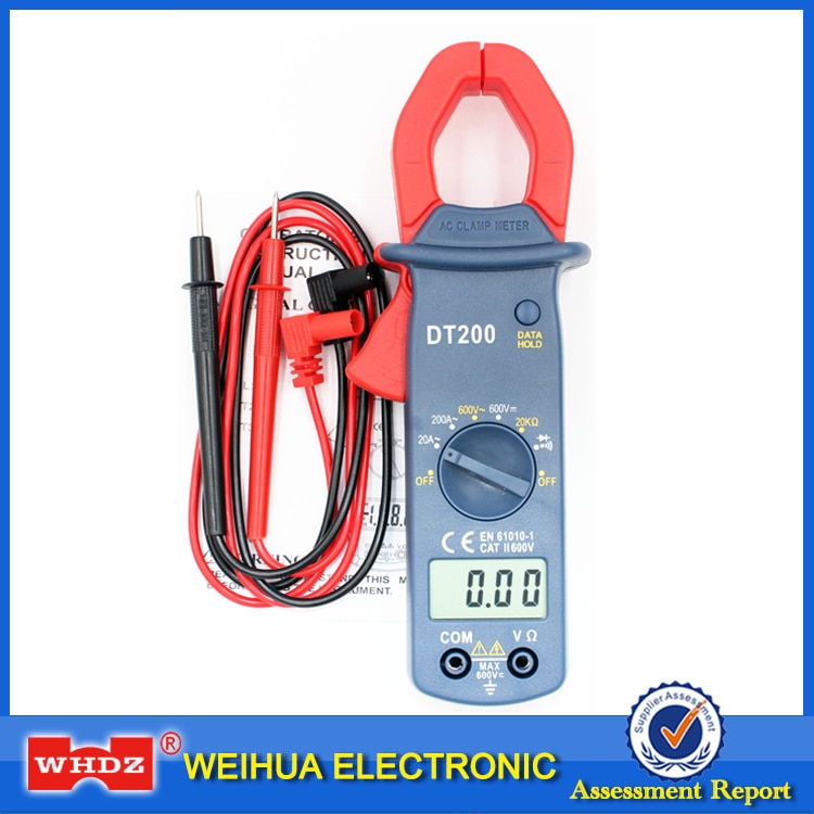WHDZ Digital Current Clamp Meter DT200 Current Voltage Resistance Buzzer Data Hold Non-contact Diode Detection Test LCD Display