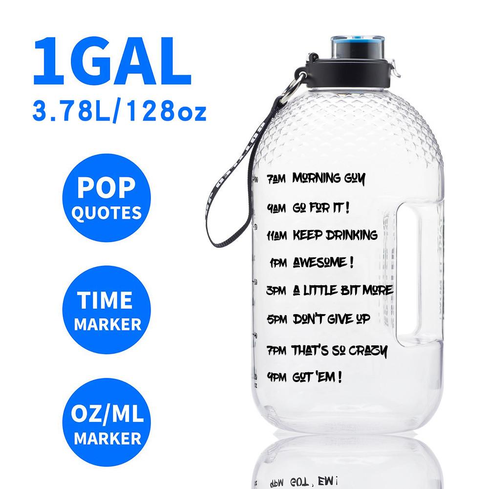 Botella de agua grande portátil PETG de 3.78L, jarra de agua deportiva de 1 galón con marcador de tiempo para acampar al aire libre