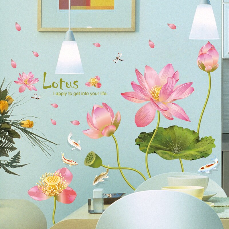 Modern Pink Lotus Flower Wall Stickers Green Leaves for Living Room Waterproof TV Background Art Decals Bedroom Large Size PVC