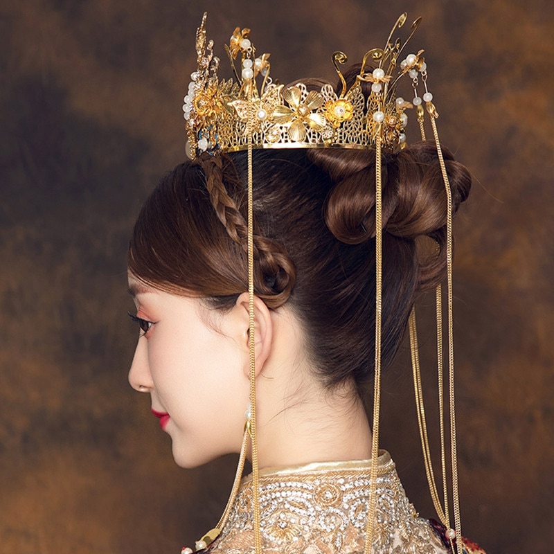 FORSEVEN Chinese Bride Bridal Wedding Hair Jewelry Sets China Gold Phoenix Flower Tiaras Crown with Tassels Dangle Earrings