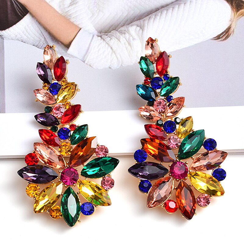 Cercei lungi din metal colorati cu cristale strasuri inalte accesorii de bijuterii pentru femei