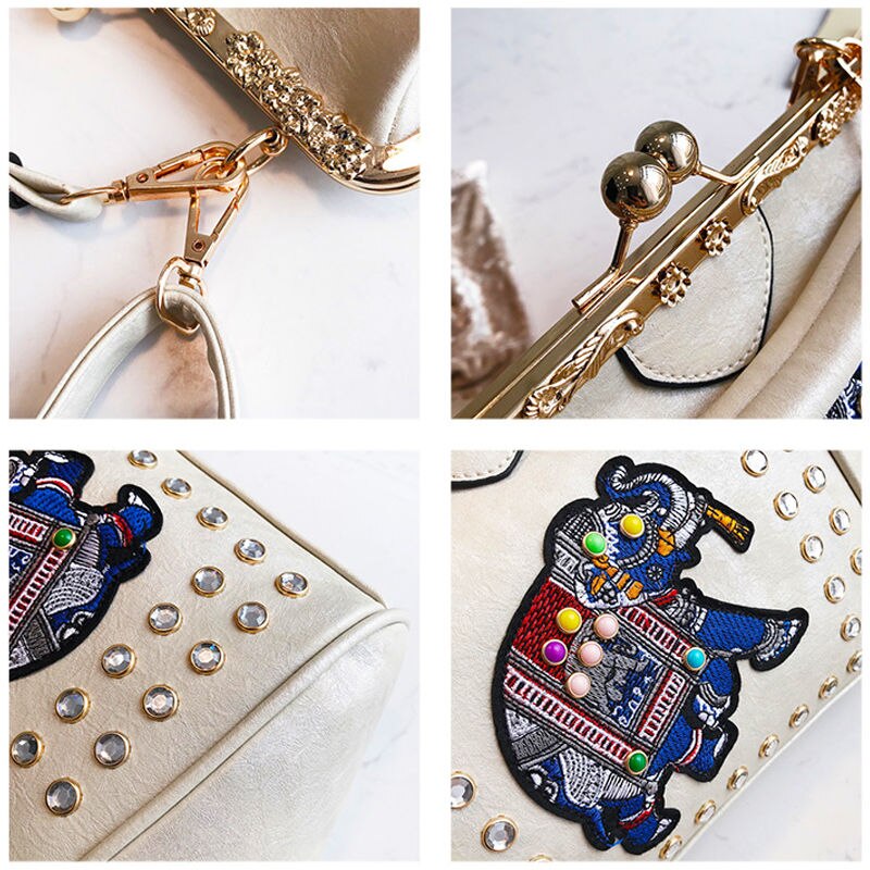 Diamanten Borduurwerk Olifant Kus Lock Shell Vrouwen Schoudertas Crossbody Tassen Vintage Pu Leather Tote Vrouwen Handtassen Portemonnees