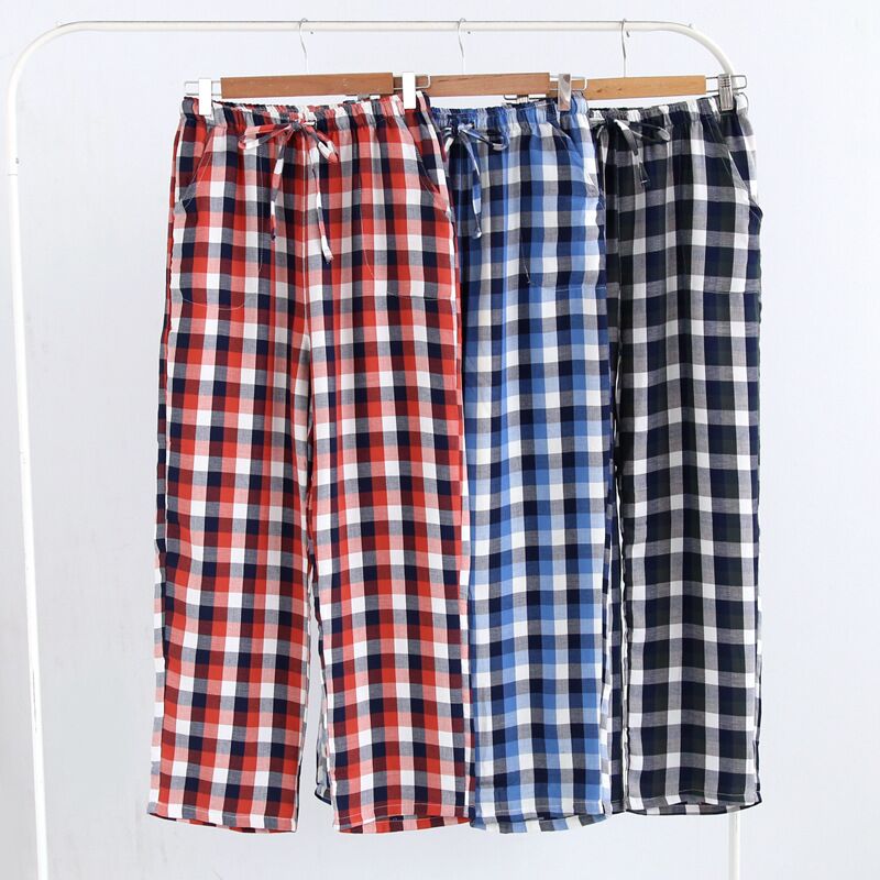 Plus Size Cotton Plaid Men Sleep Bottoms Comfort Pajama Simple Loose Sleepwear Pants Pijamas Male Sheer Pyjama Trouser Homewear