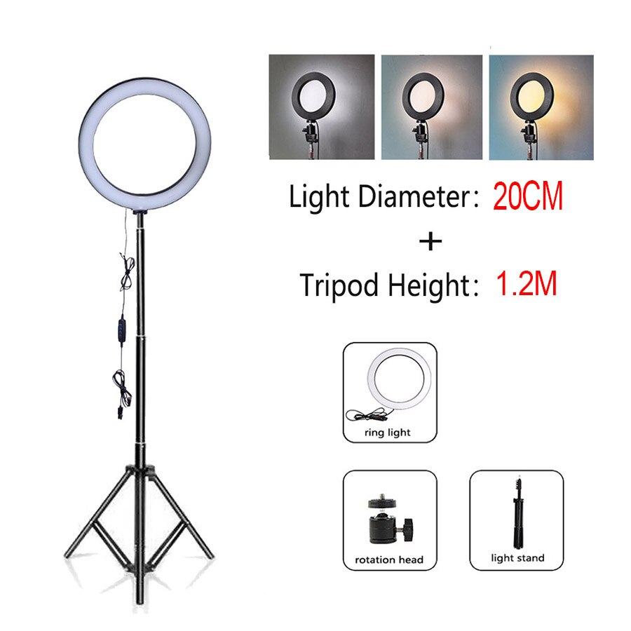 Mamen 33/26cm ringlamp met standaard voor telefoon, dimbare led selfie ringlamp met statief, usb selfie licht fotografie ringlamp: L20cm-t1.2m