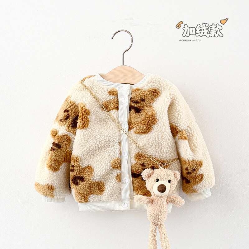 With Bear Pendant Baby Girl Jacket Winter Coat for Kids Print Cartoon Bear Plus Velvet Thick Outerwear: White / 100CM