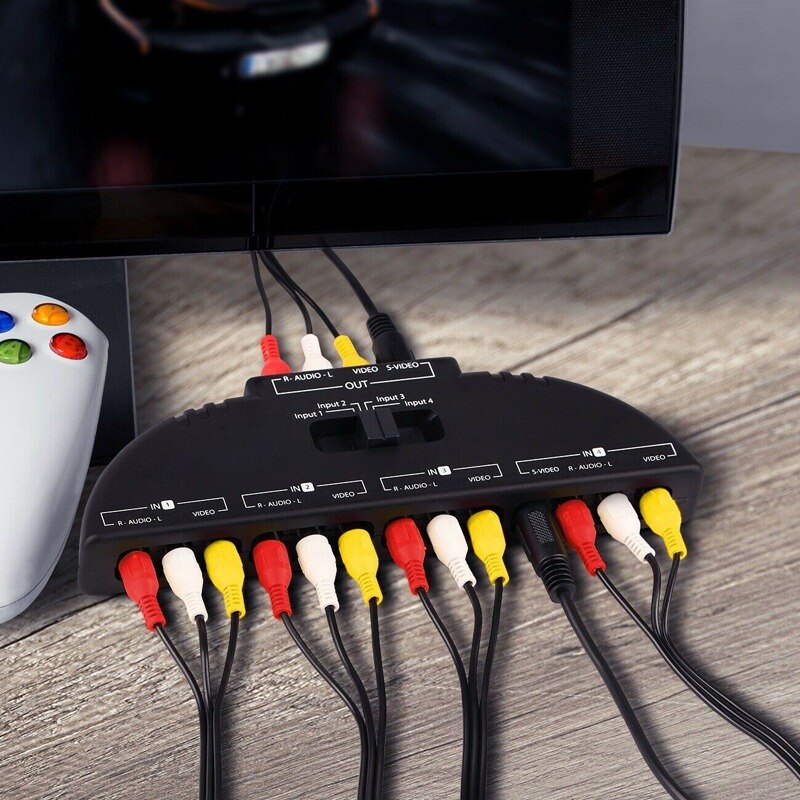 4 Ports AV Composite RCA Selector Box Switch Splitter With Cable Cord Plug