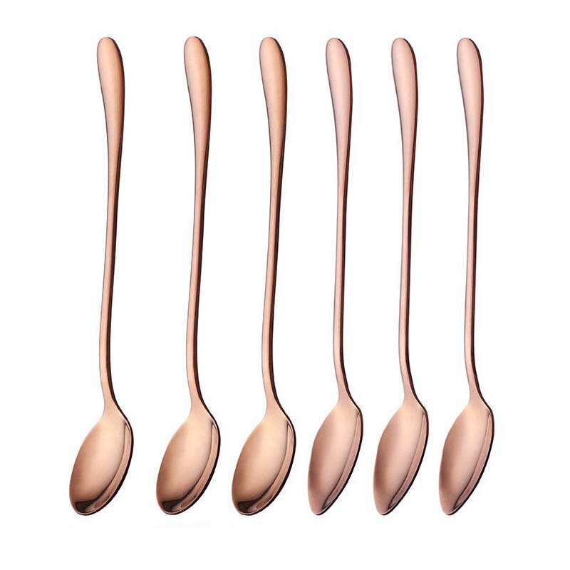19.5cm Stainless Steel Round Head Spoon Rainbow Coffee Mixing Spoon Set Cold Drink Colorful Dessert Ice Spoon Flatware 6pcs/set: Rose Gold