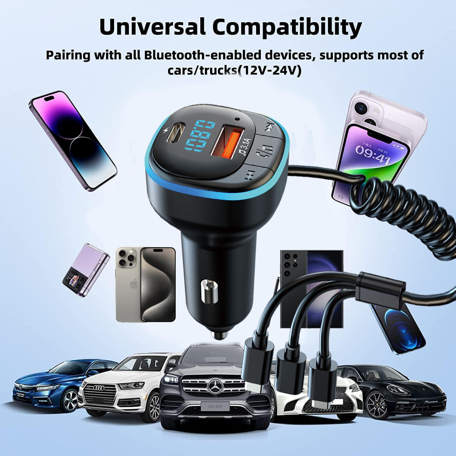 Lettore MP3 per auto con trasmettitore FM senza fili Caricatore per auto doppio USB kit per auto con risposta uno tocco con cavo di ricarica 3 in 1