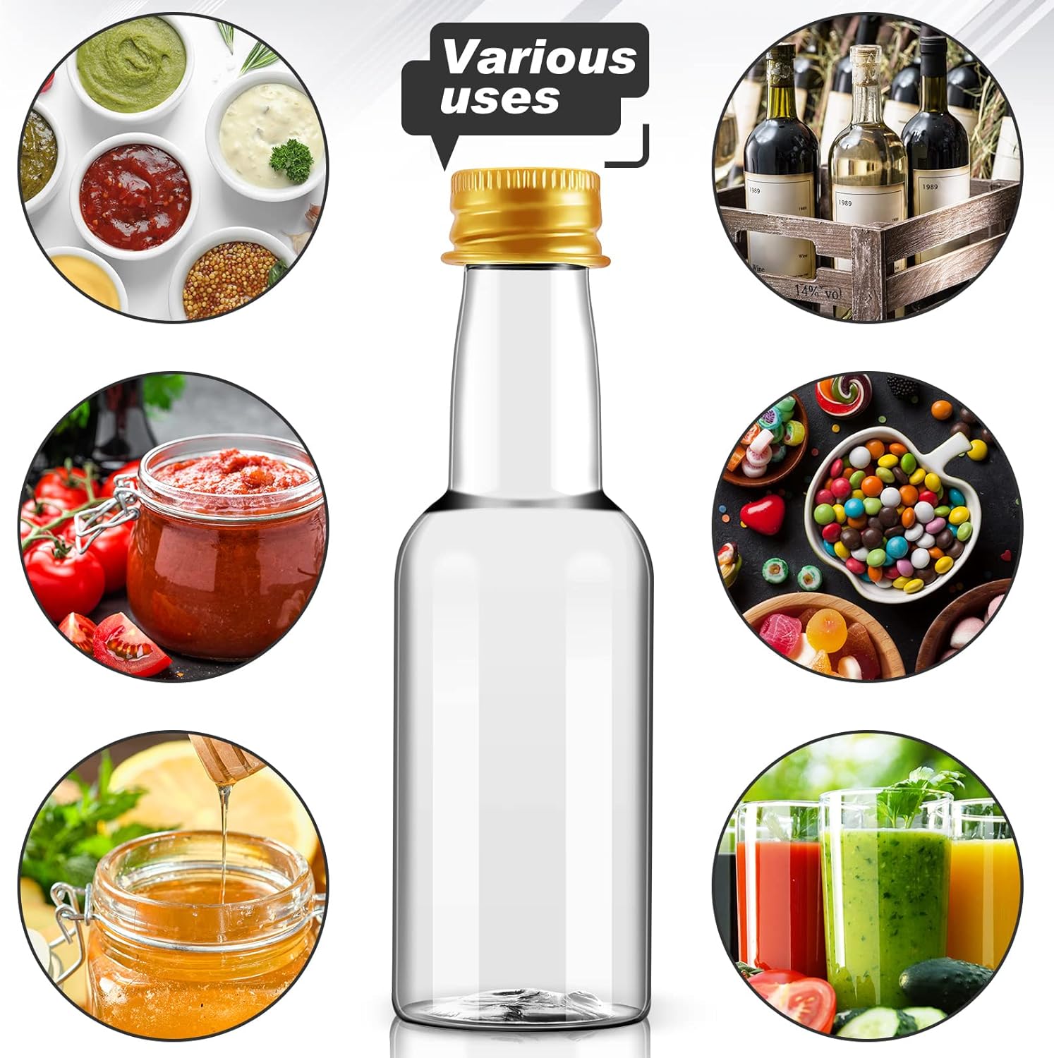 12 Stück Mini-Schnapsflaschen aus Kunststoff, kleine Schnapsflaschen, leere Mini-Alkoholflaschen, Partygeschenke, Hochzeiten, Silber-/Goldkappen für Reisen