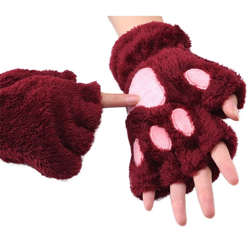 Chamsgend kvinnor vinter varm fluffig sammet katt fot tass fingerlösa handskar vantar 7913