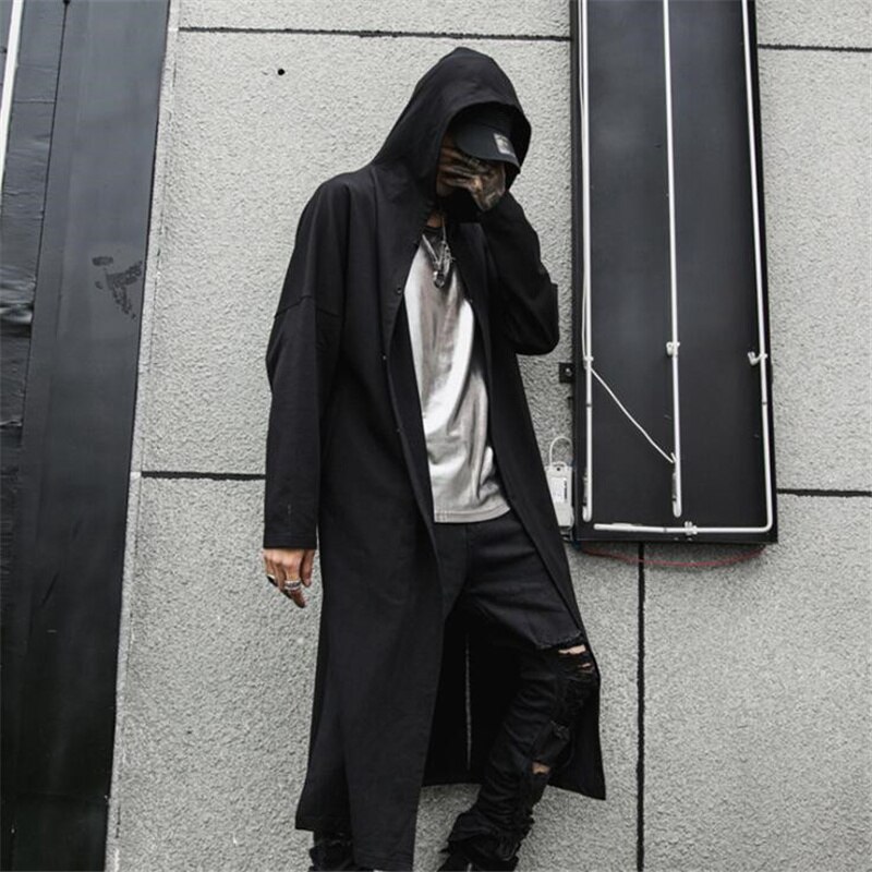Trench con cappuccio giacca lunga mens stile gotico mantello vintage hiphop cardiagn primavera estate uomo nero sottile punk rock hip hop