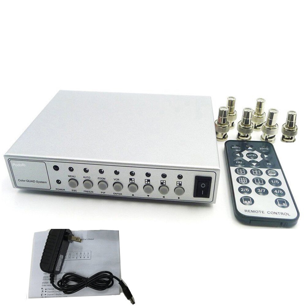 Podofo Metal Shell HD Color Video Quad Splitter Processor System Kit CCTV Video Camera Switcher Remote + Control 6 BNC Adapter