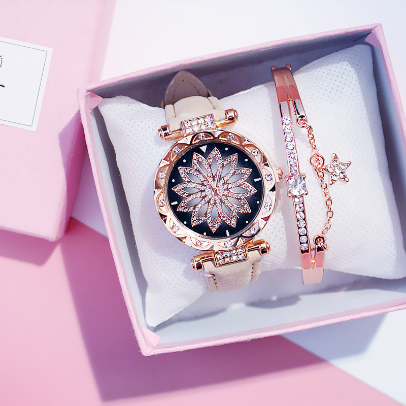 Women Watches Set Starry Sky Ladies Bracelet Watch Casual Leather Sports Quartz Wristwatch Clock Relogio Feminino: Beige With Bracelet