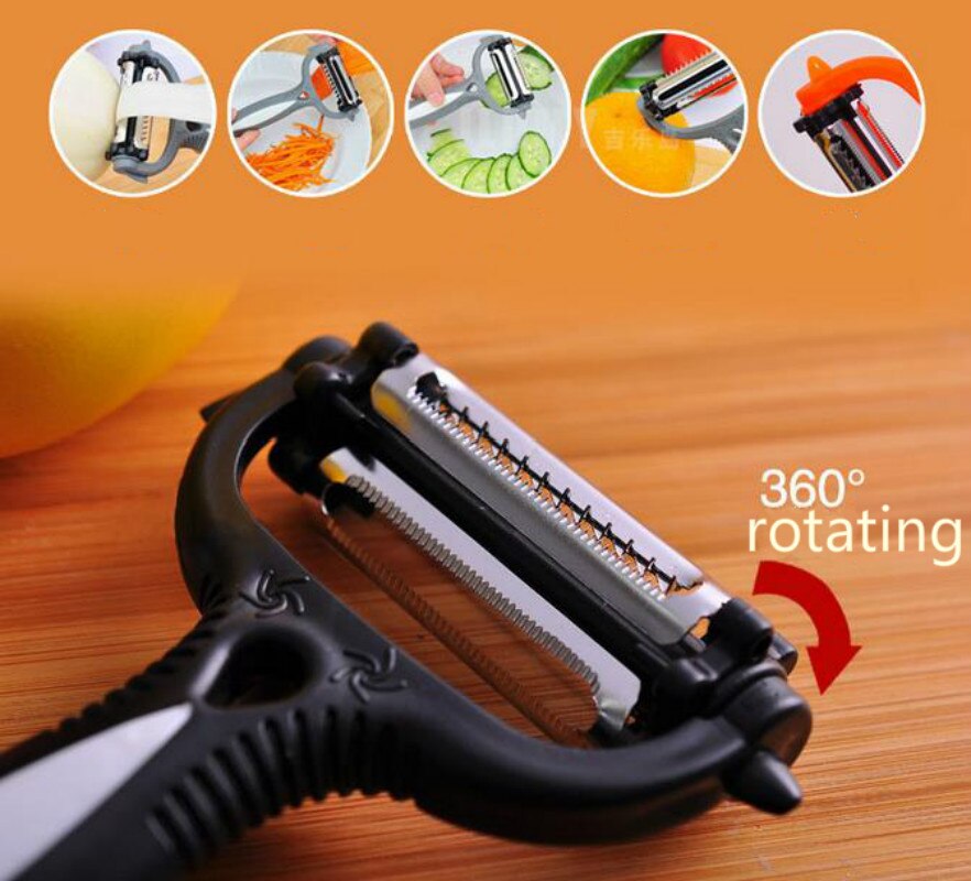 Multifuncional 360 grados Papa giratorio pelador cortador de verduras fruta melón cepillador rallador, utensilios de cocina con 3 cuchillas