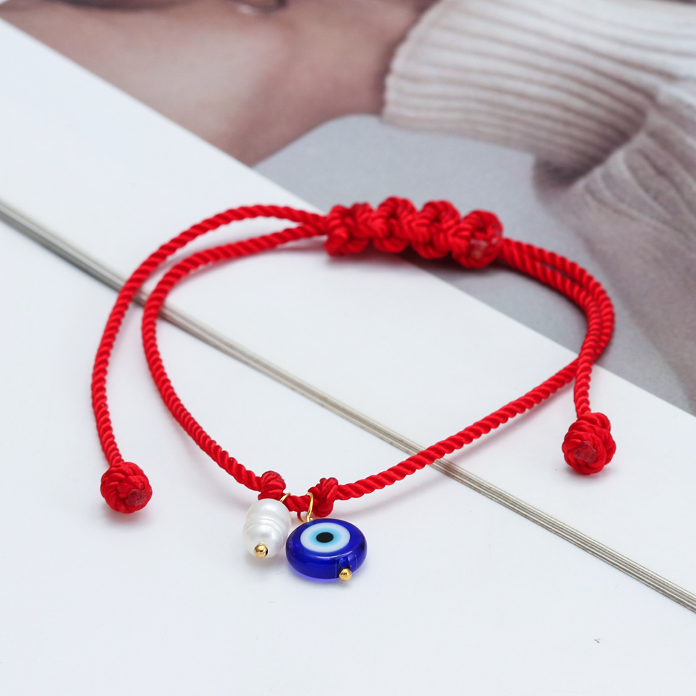 Pulsera de cuerda trenzada de ojo de la suerte, pulsera ajustable de cuentas de perlas de agua dulce de mal de ojo turco para mujeres y hombres, pulseras bijoux
