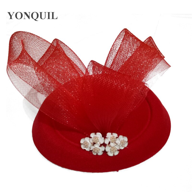 Uldfilt festhat til damer kvinder lejlighed hovedbeklædning hårnål brud bryllup hat fascinator show børn fedora kasket hovedbeklædning: Rød
