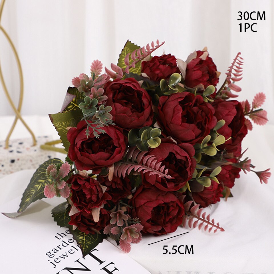 1 bukett kunstig mini peon blomster bukett 9 hoder peon blomster til hjemmet bord vise bryllup diy dekorasjon blomster: Burgunder