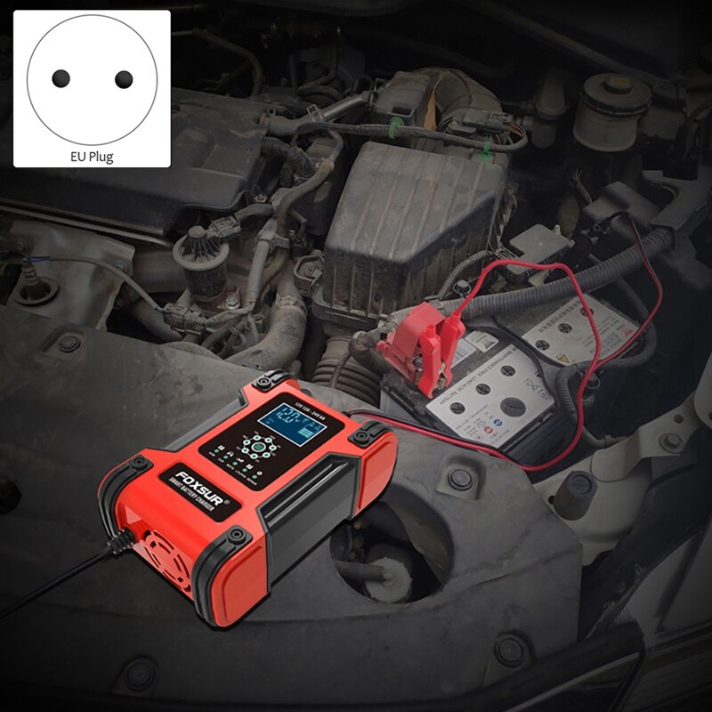 FOXSUR – chargeur de batterie automobile à 7 niveaux, 12V, 12a, 24V, 6a, avec écran LCD, pour voiture, moto, bateau