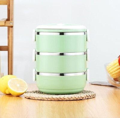 Fiambrera térmica aislante para uso en el hogar, fiambrera portátil de acero inoxidable multicapa a prueba de fugas, herramientas de cocina para exteriores: Green 3 layers