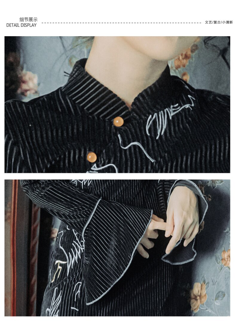 Chinese Retro Cheongsam Meisje Gemodificeerde Jurk Elegante Zwarte Goud Fluwelen Sexy Lange Rok Vrouwen Chinese Qipao Jurk