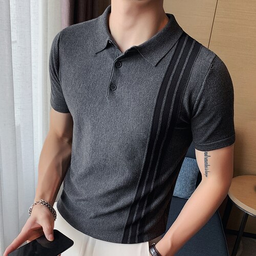 British Style Summer New Striped Polos Shirt Men Stretch Slim FitKnit Tees Streetwear 2022 Short Sleeved Business Casual T-Shirt: Gray / Asian L 54-62KG