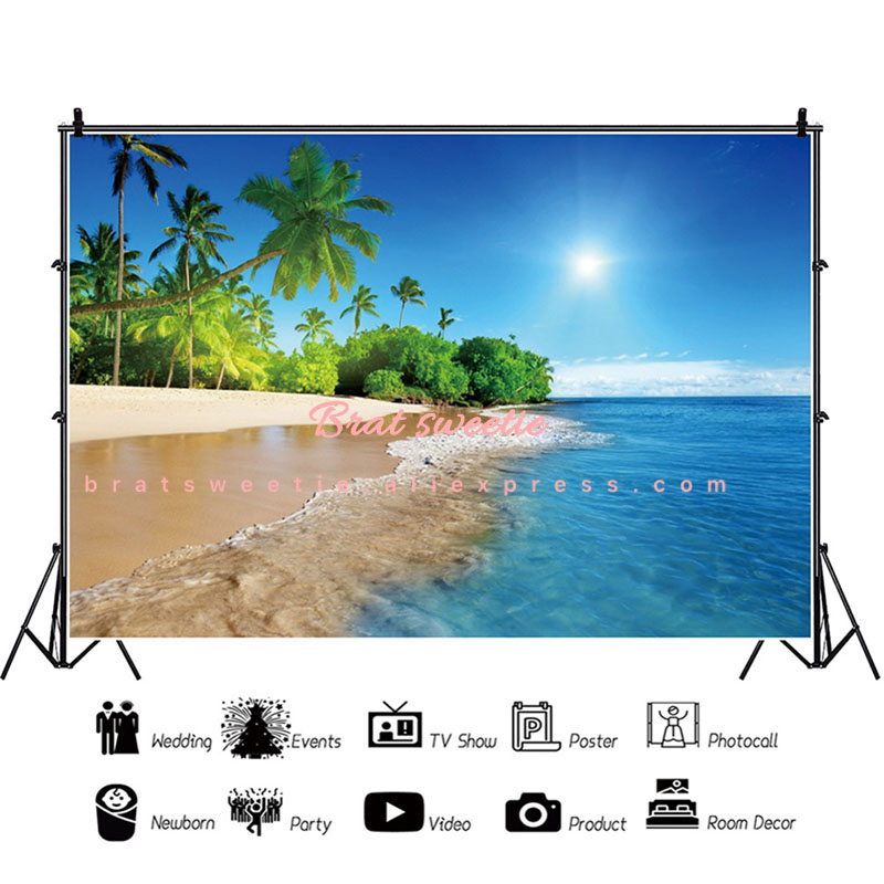 7x5ft Hawaiian Party Summer Beach Backdrops for Photography Vinyl Blue Sea and Sky Background Palm Trees Photo Backdrop