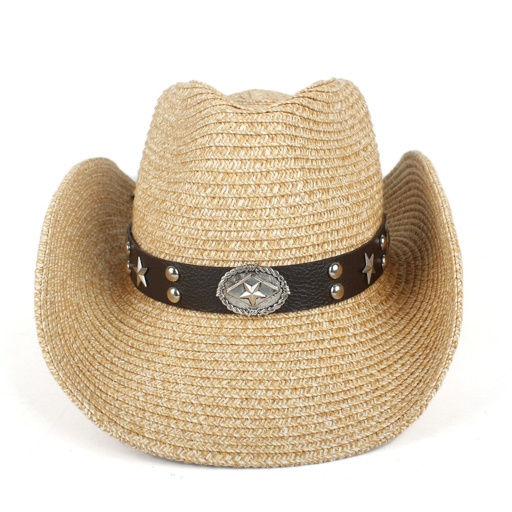 frauen Männer Hohl Western Cowboy Hut Dame Sommer Stroh Sombrero Hombre Strand Cowgirl Jazz Sonnenhut Größe 57- 59 CM