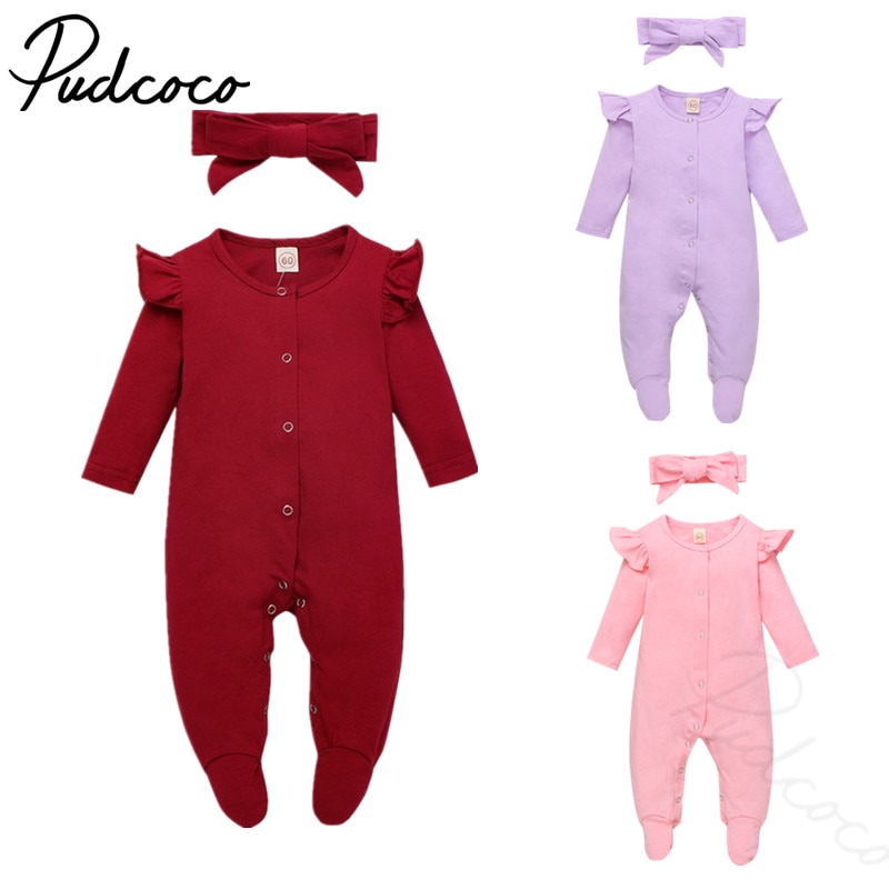 Mono liso de manga larga para bebé y niña, mono con cuello redondo y apertura por botón frontal de una pieza, Color vino, rojo, rosa y púrpura