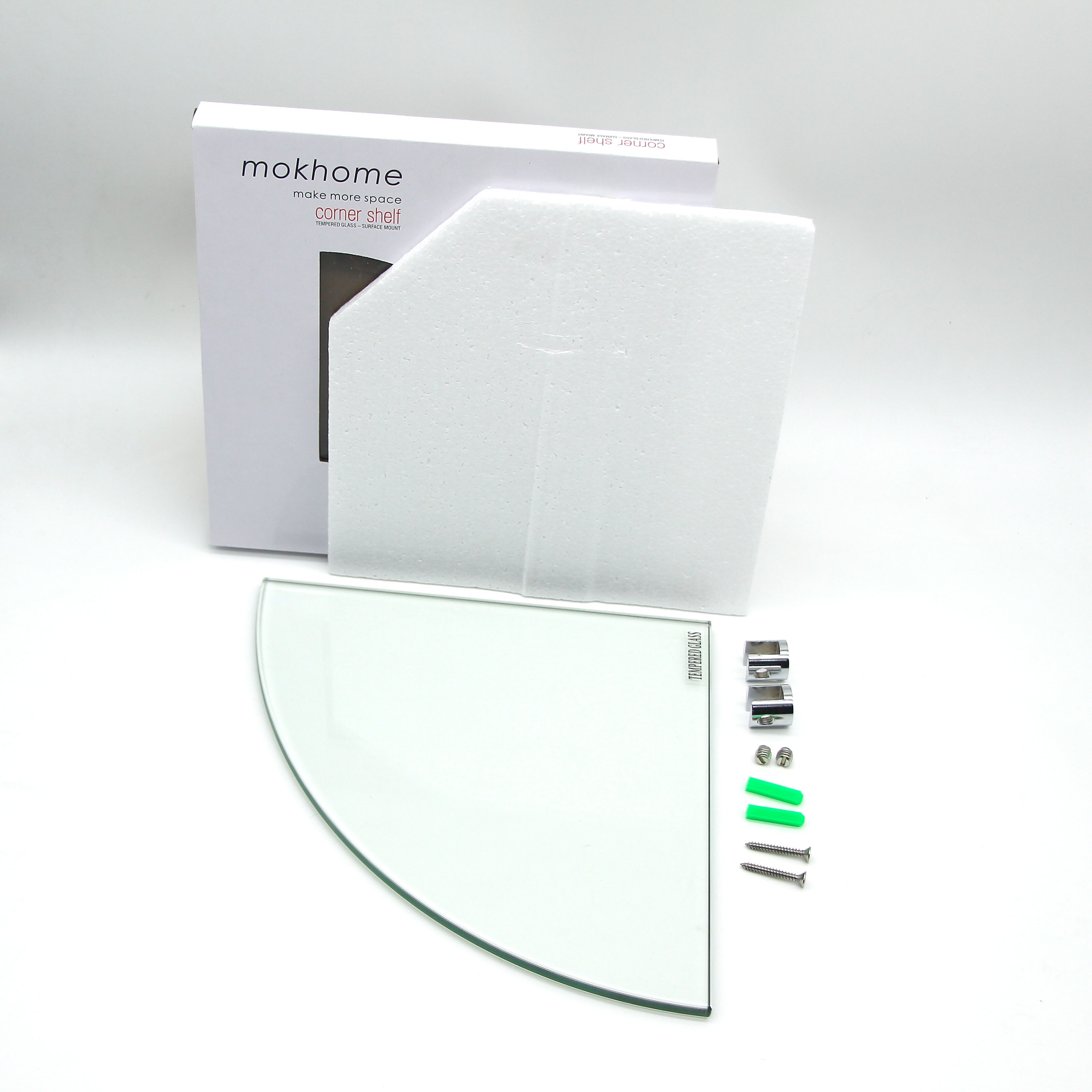 mokhome Bathroom 8mm Thick Glass Shower Corner Shelf 9”x9” Floating Wall Mounted Shelves Tempered Glass Caddy for Home Decor