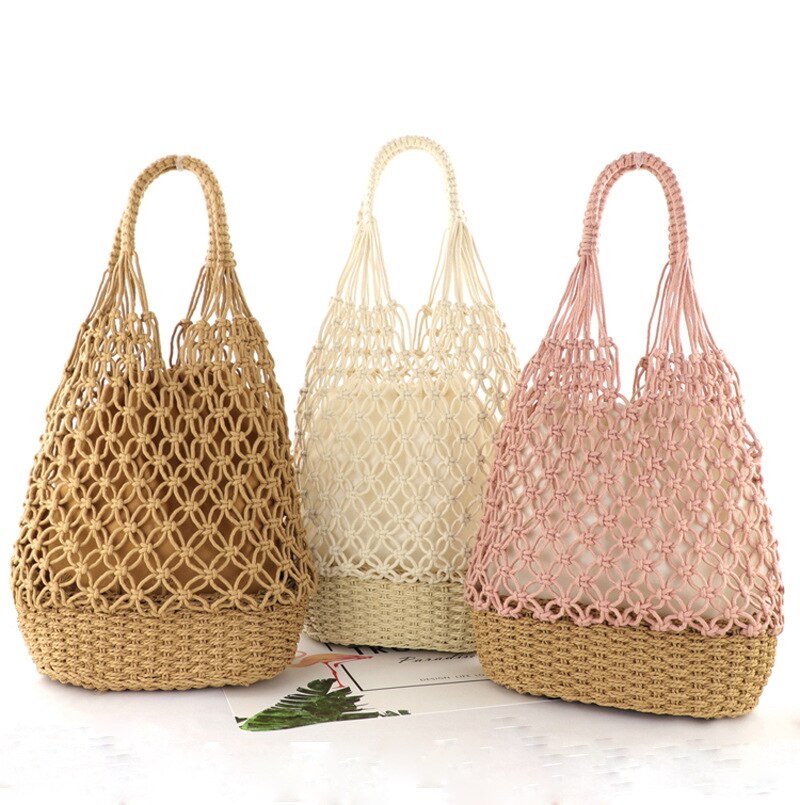 Borsa Shopping in maglia intrecciata da donna corda di cotone + tessitura di paglia reticolare borsa di paglia vuota borsa a tracolla a rete borse da spiaggia