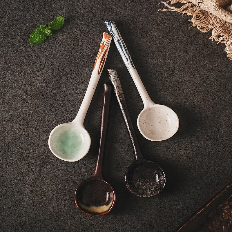 Ceramic Soup Spoon Japanese Tableware Eating Spoon Long handle Spoons Kitchen Cooking Utensil Tool Teaspoon For Kicthen