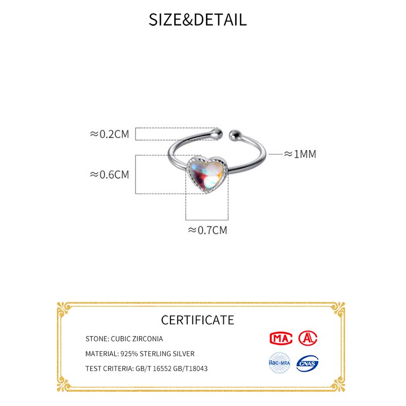 Inzatt echter 925 sterling silber gradient glas herz verstellbarer ring für damen süßer feiner schmuck minimalistisches accessoire