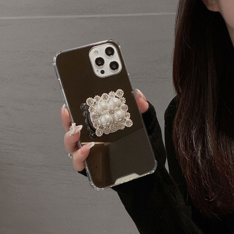 Luxury girl mirror Square Pearl Rhinestone Bracket soft Case For iPhone 11 12 Pro Max XR X XS MAX 8 7 plus protection Back Cover: for iphone 7