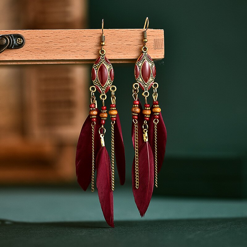 Etnische oorbellen met veren, damessieraden, bohemian zomerse metalen oorbellen met lange kwastjes, indiase sieraden: Stijl 3