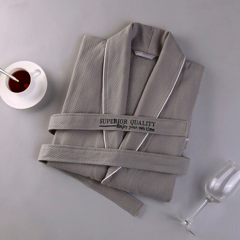 Bomull badekåpe vaffel morgenkåpe unisex menn fast nattøy salong badekåpe bruden peignoir nattkjoler elskere kapper: Grå / L