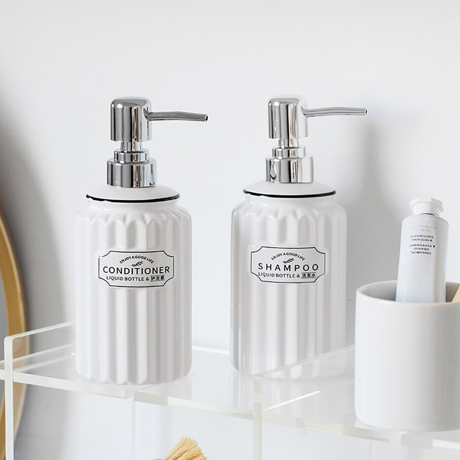 Ceramic Soap Dispenser Bottle White Large-capacity Shower Gel Shampoo Press Bottle Fillable Bathroom Empty Bottle