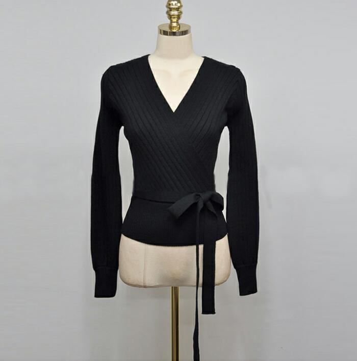 Lyserød v-hals lanterne ærme snørebånd wrap sweater kvinder forår efterår sort ol cardigan strikket jumper damer toppe