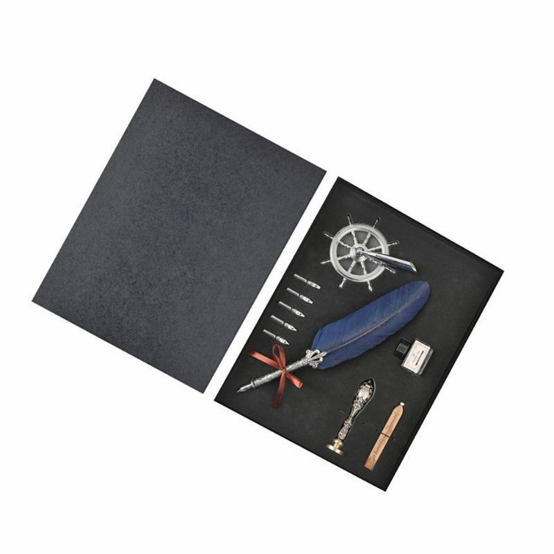 1set Retro Vintage Calligraphy Feather Dip Pen Writing Ink Set Stationery Quill Fountain Pens Vintage Pen: Type F Dark Blue