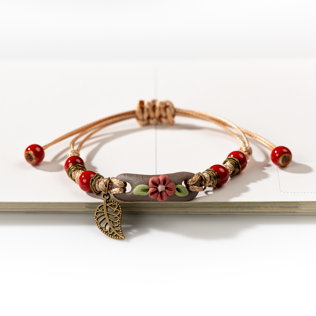 Forest Series Plant hand-kneaded Ceramic Adjustable DIY Bracelet For Women Jewelry #CZ501: Light Yellow Gold Color