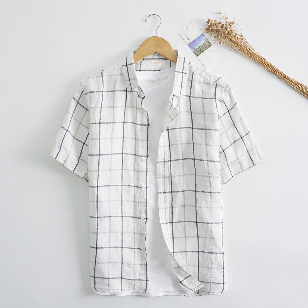 Männer Sommer Hemden 100% Flachs Plaid lässig Herren Kurzarm T Shirt Herren Kleidung Herbst Männlichen oben leinen Hemd: Weiß Plaid / XXL