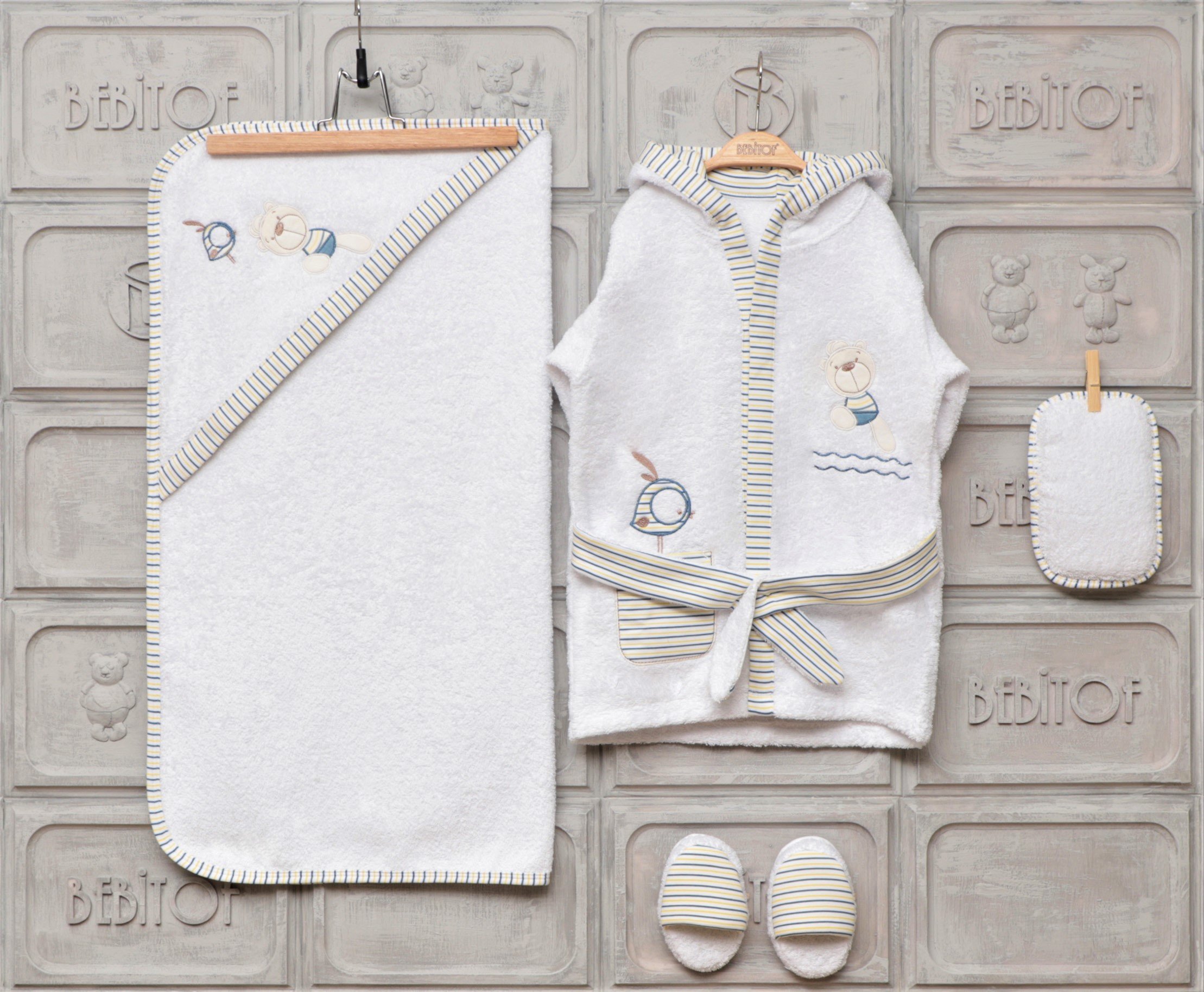 Bebitof pasgeboren baby jongens peuter 100%  katoenen badjas & capuchon handdoek set badtijd bundel 5 stuks blauw 0 – 24 maanden