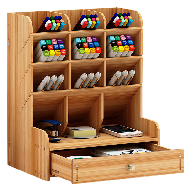 Wooden Desk Organizer Multi-Functional DIY Pen Holder Box Desktop Stationary Home Office Supply Desktop Storage Rack