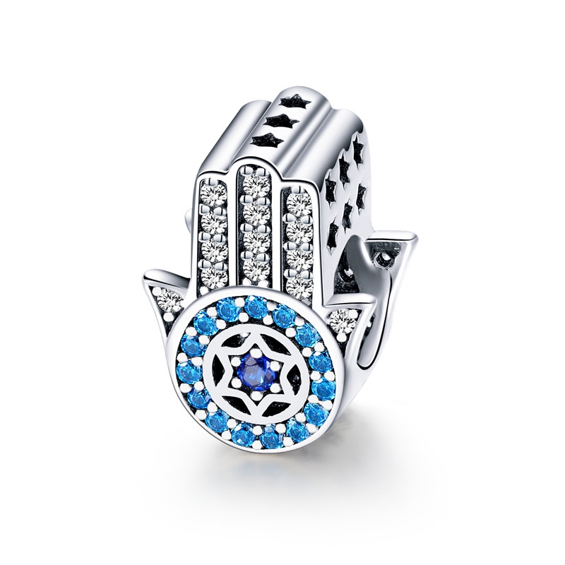 BISAER 925 Sterling Silber Blau Crystals Augen Runde Bead Fatima Hamsa Hand Charme Fit Charme Silber 925 Original Armband Schmuck: ECC721