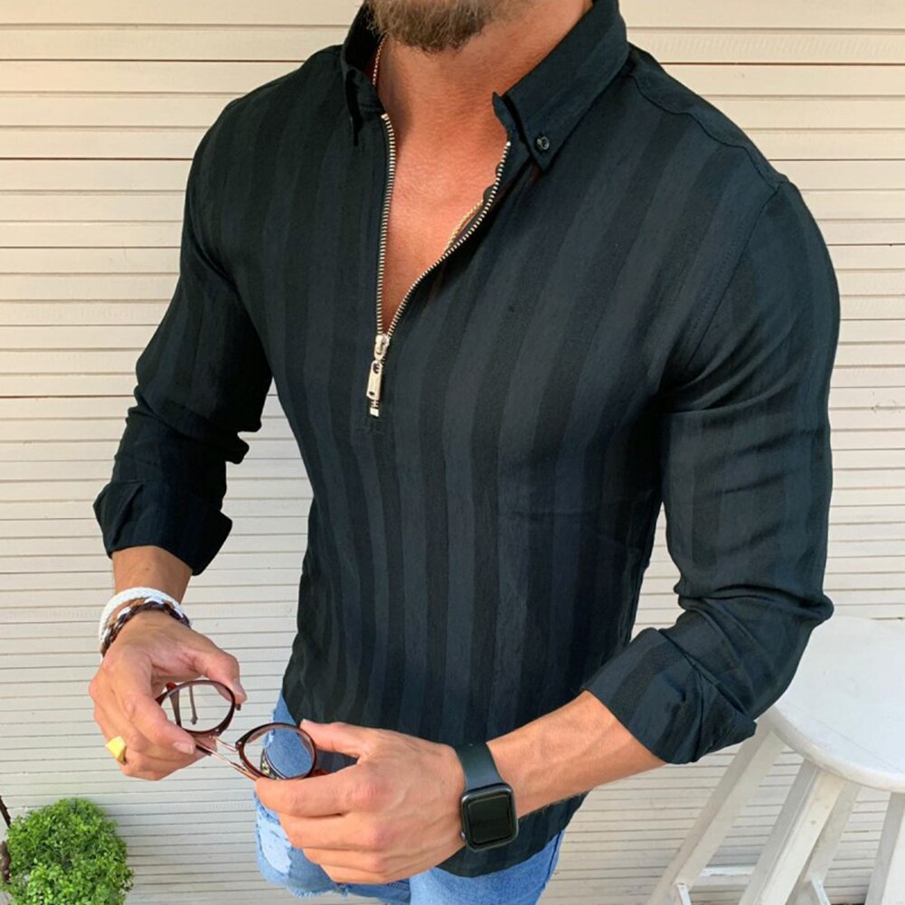 Stribet herreskjorte langærmede mænd skjorter afslappet solid slim fit hvid mand bluser kausal skjorte lynlås bluse toppe: Militærgrøn / Xl