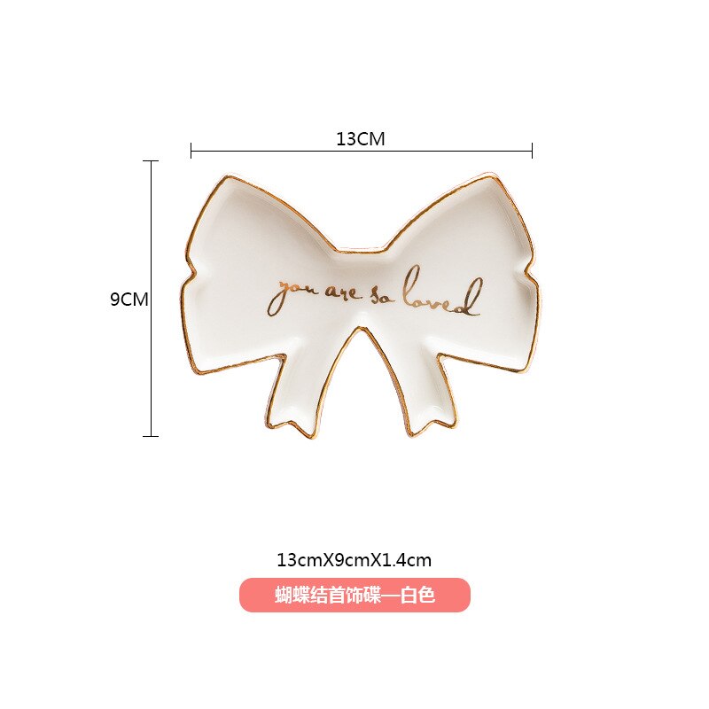 Petite assiette murale en céramique décorative pour boucles d'oreilles, rangement pour colliers et bijoux, bibelots plat mural, plateau de vanité, de mariage: 353 White Bow