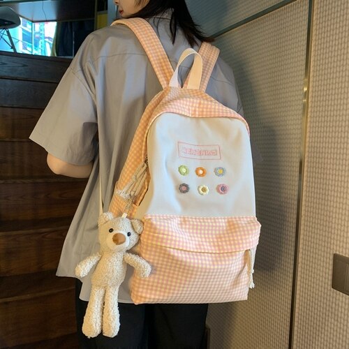 Hochschule Schüler Damen Nette Rucksack Frauen Blume Weibliche Harajuku Schule Taschen Buch Kawaii Rucksack Nylon Mädchen modisch Tasche: mit Spielzeug Orange