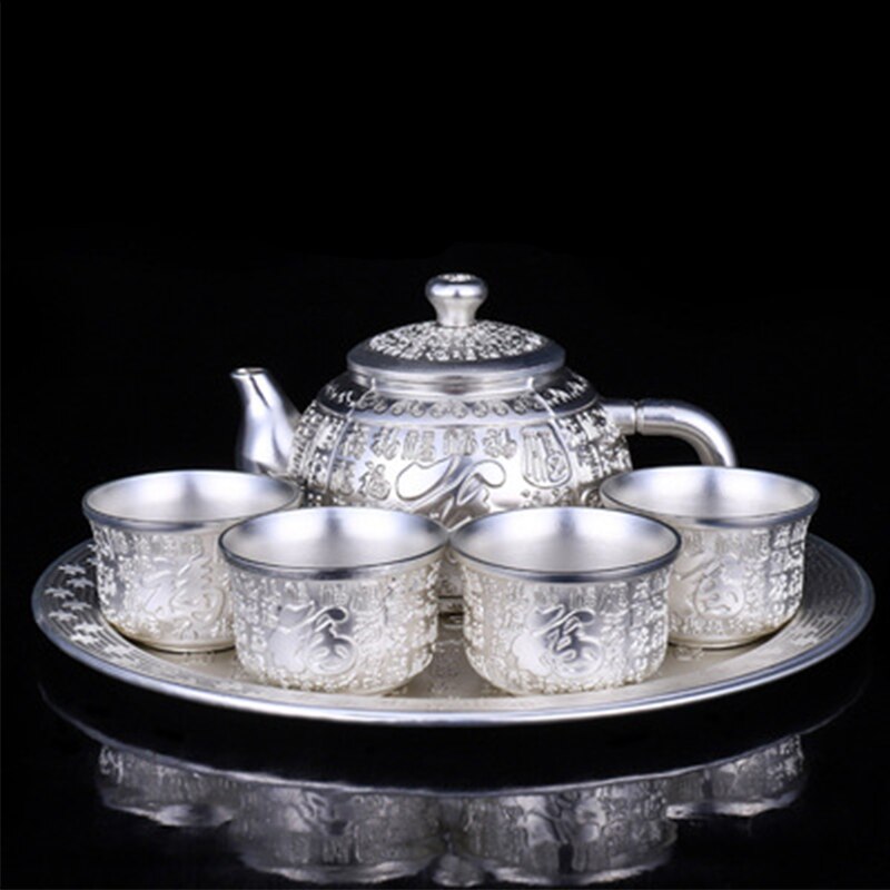 Service à thé en argent et or, haut de gamme, théière faite à la main, service à thé Kung Fu chinois, de cérémonie, une théière et quatre tasses